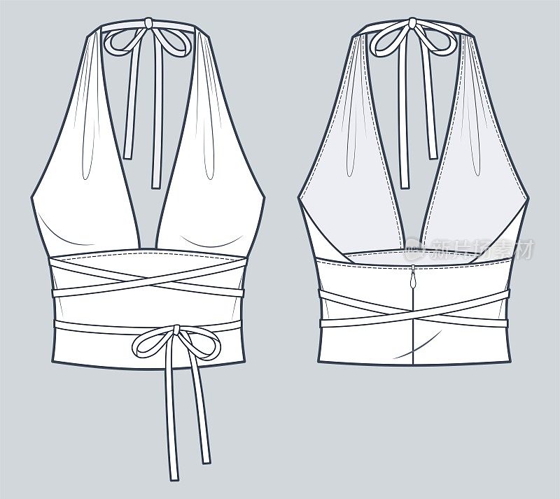 吊带衫技术时尚插画。Tie Top时尚平面技术图纸模板，悬垂，修身，拉链，前后视图，白色，女装CAD模型。